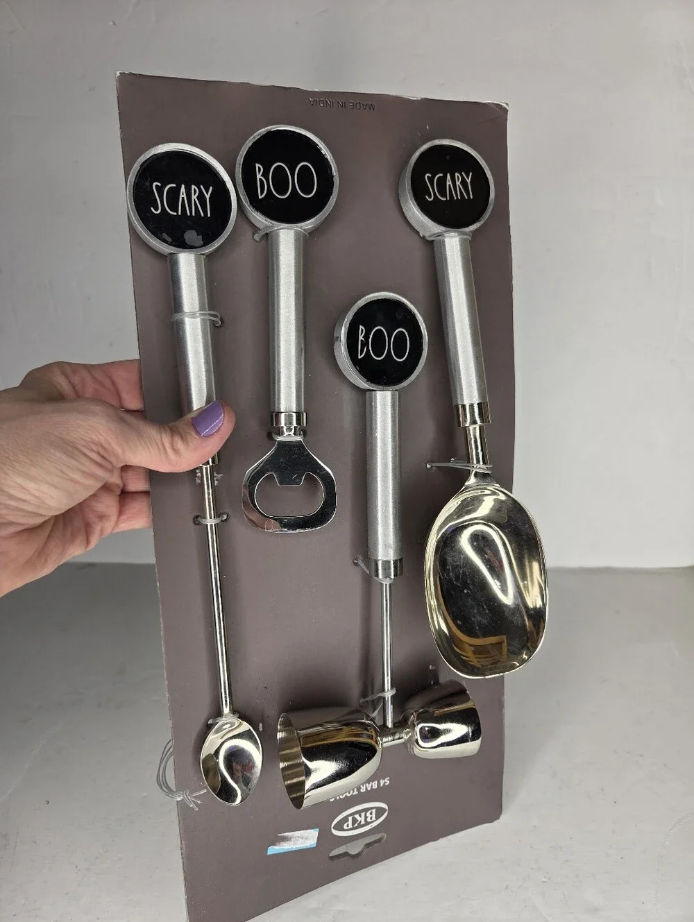 Halloween Stainless Steel Silver Bar Tool Set Boo Scary Rae Dunn Font